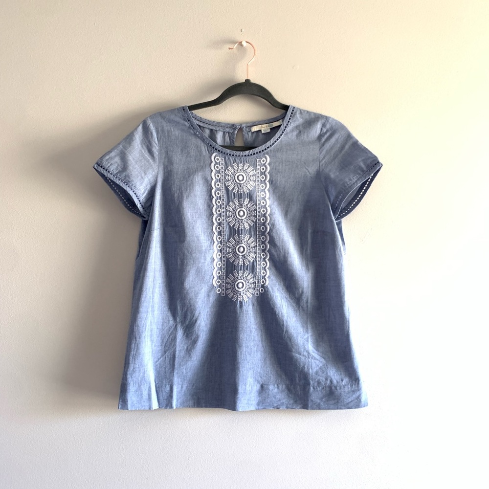 Boden Light Blue Embroidered Short Sleeve Blouse
